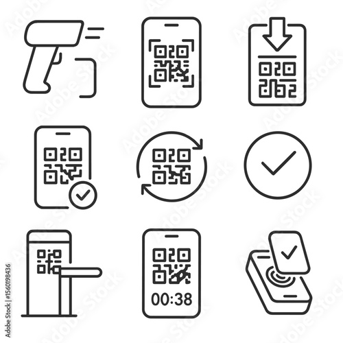 QR Ticket Icons. Outline style icons of QR Ticket Integration: code scanner, QR pass on screen, download icon, scan success check,