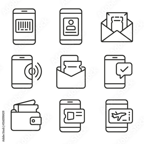 Mobile Ticketing Icons. Outline style icons of Mobile Ticketing: smartphone with barcode, digital pass app, e-ticket envelope,