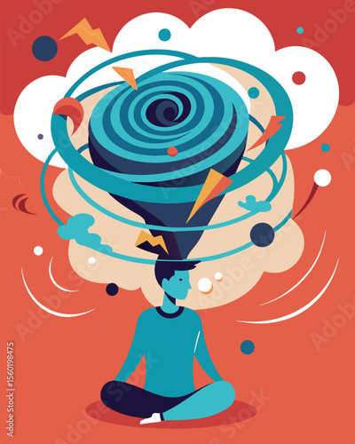 A mental whirlwind tossing and turning the persons thoughts and emotions as they try to navigate the conflicting ideas swirling around them.. Vector illustration