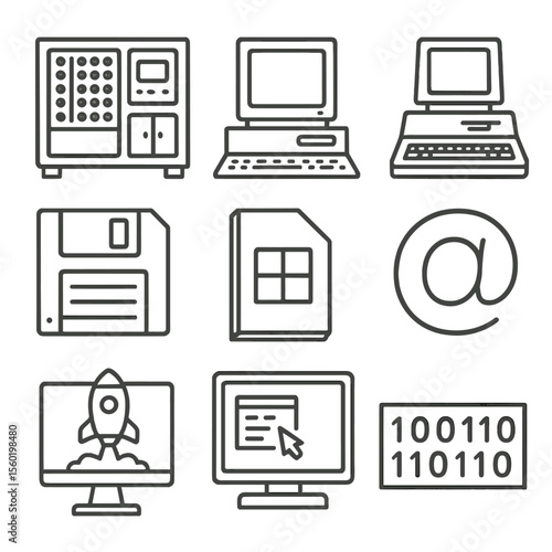 Computing Icons Evolution. Outline style icons of Computing Milestones: ENIAC unit, IBM PC, Apple II, first floppy disk, Windows 1