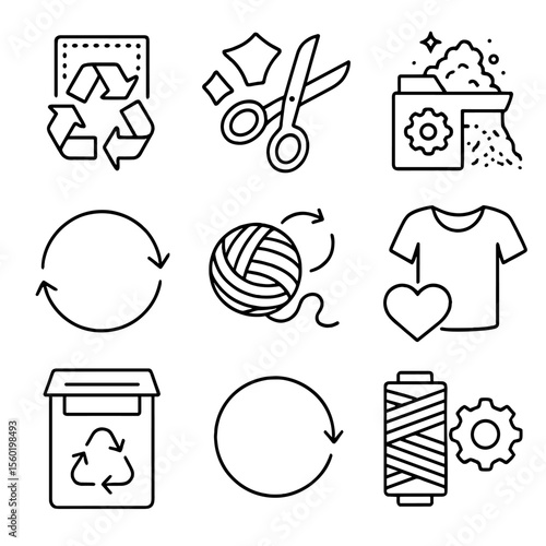 Textile Recycling Icons. Outline style icons of Textile Recycling: recycled fabric symbol, cut scraps, fiber shredding icon, reuse
