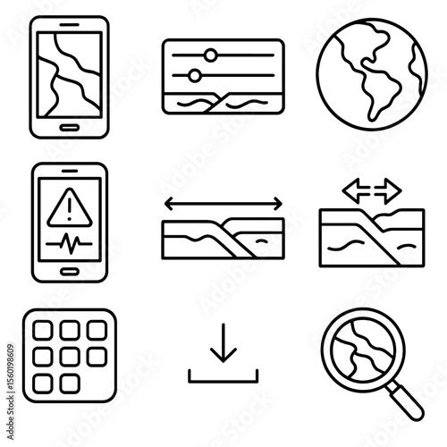 Tectonic App Icons. Outline style icons of Tectonic Visualization Apps: mobile app with fault map, tectonic slider interface,