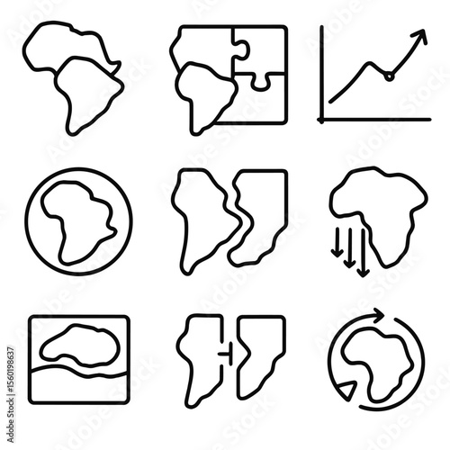Plate Reconstruction Icons. Outline style icons of Plate Reconstruction Techniques: continent drift overlay, plate fit puzzle,