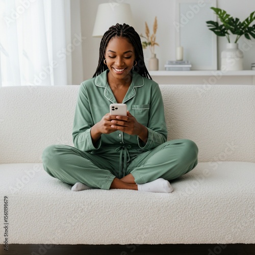 Smiling woman in pajamas, sitting cross-legged on a sofa, using a smartphone.