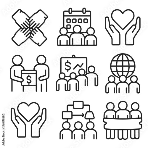 Non-Profit Team Icons. Outline style icons of Non-Profit Teamwork: charity hands group, event planning team, donation coordination