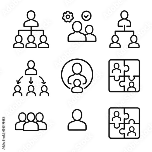 Team Roles Icons. Outline style icons of Team Roles and Structure: org chart icon, team role icon set, lead/member/helper labels,