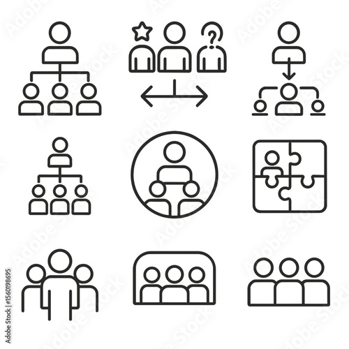 Team Roles Icons. Outline style icons of Team Roles and Structure: org chart icon, team role icon set, lead/member/helper labels,