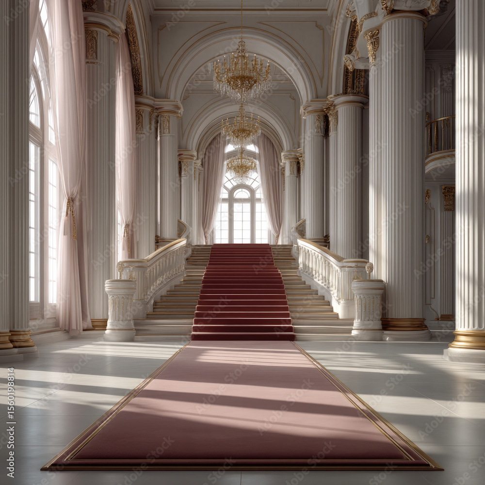 Obraz premium Grand staircase luxurious castle royal interior elegant columns ornate chandelier sunlight arched window opulent classical architecture