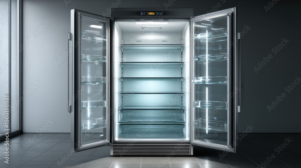 Wide open fridge, empty glass shelves glowing softly Wide open fridge, empty glass shelves glowing softly