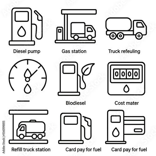 Fueling Trucks Icons. Outline style icons of Fueling Trucks: diesel pump symbol, gas station with truck, truck refueling at pump,
