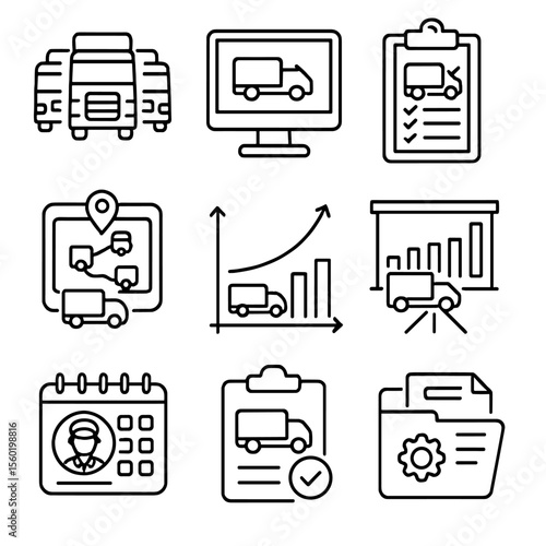 Truck Fleet Icons. Outline style icons of Truck Fleet Management: truck queue, dispatch system icon, maintenance checklist, GPS