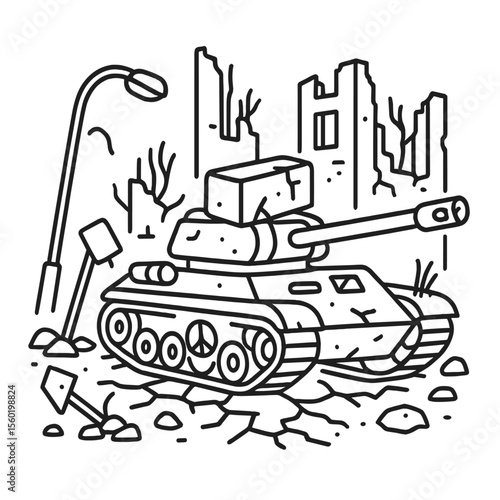 Urban Tank Destruction. Outline style icons of Urban War Tank Damage: tank in rubble, cracked pavement under tank, building ruins