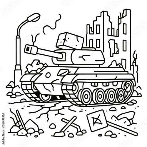 Urban Tank Destruction. Outline style icons of Urban War Tank Damage: tank in rubble, cracked pavement under tank, building ruins