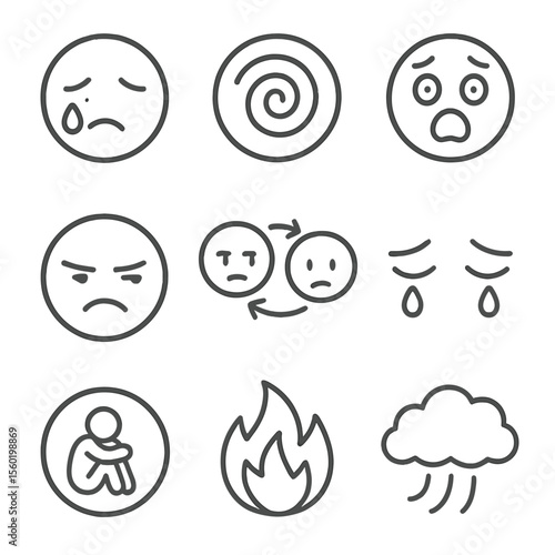 Emotional Symptoms Icons. Outline style icons of Emotional Symptoms: sadness tear, anxiety swirl, panic face, irritable emoji,
