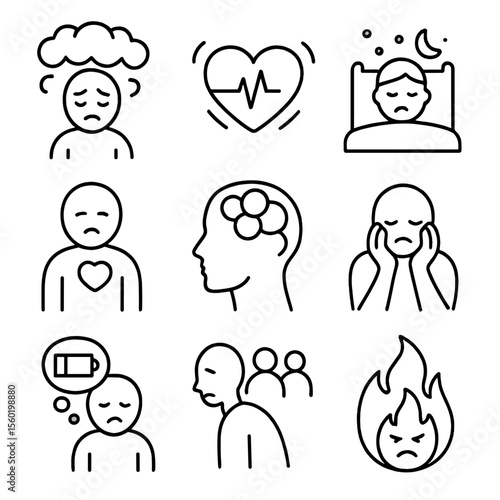 Mental Health Icons. Outline style icons of Mental Health Symptoms: depression fog, anxious heart, sleep disturbance icon,