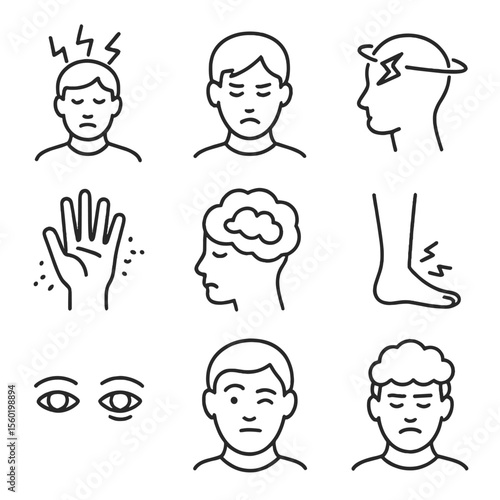 Neurological Symptom Icons. Outline style icons of Neurological Symptoms: headache icon, migraine with flash, dizziness spiral,