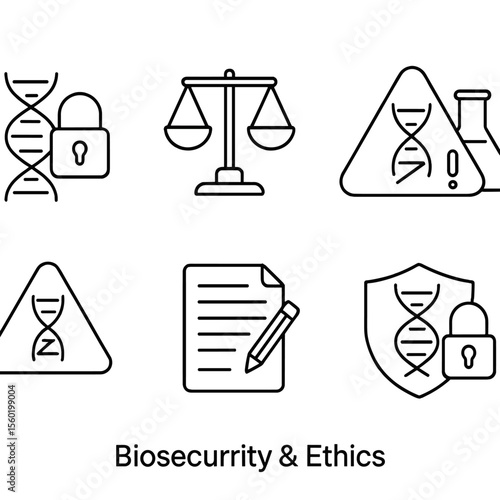 Biosecurity Icons Set. Outline style icons of Biosecurity and Ethics: gene lock symbol, ethical balance scale, dual use warning,