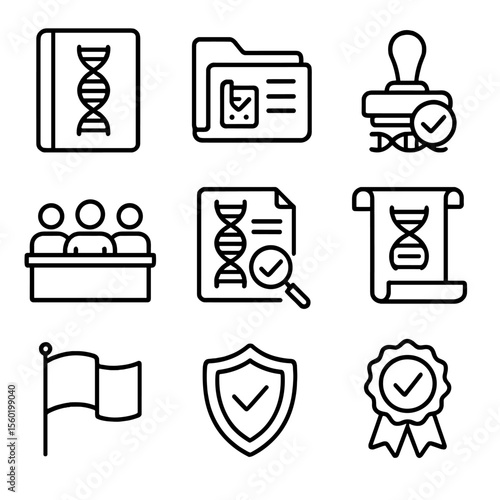 Biotech Regulation Icons. Outline style icons of Regulation and Policy: biotech law book, regulation folder, approval stamp on DNA