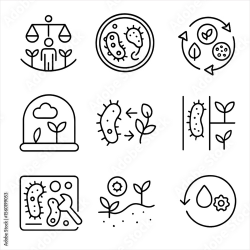 Synthetic Ecology Icons. Outline style icons of Synthetic Ecology: artificial ecosystem balance, engineered microbial community,