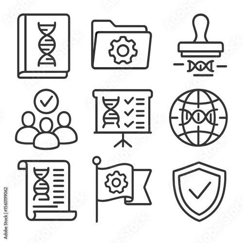 Biotech Regulation Icons. Outline style icons of Regulation and Policy: biotech law book, regulation folder, approval stamp on DNA