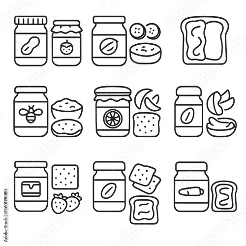 Sweet Spread Icons. Outline style icons of Sweet Spread Combos: peanut butter and jelly, Nutella and banana, jam and cream cheese,