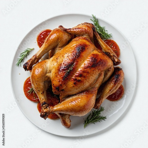 roasted chicken on isolated white background top view