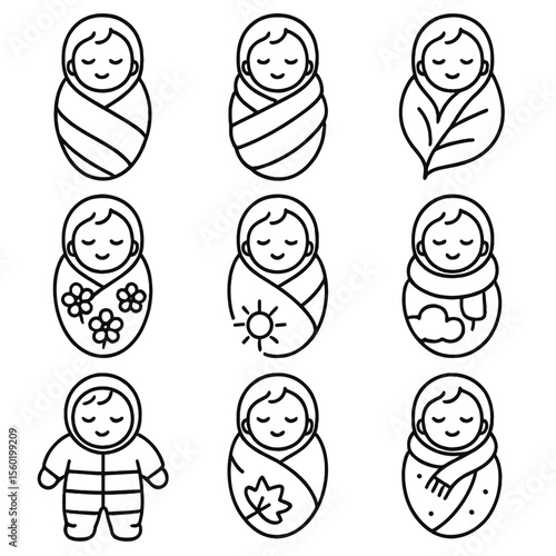 Seasonal Baby Swaddles. Outline style icons of Swaddled Baby in Seasons: summer baby in light wrap, winter baby in thick blanket,
