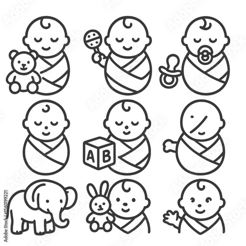Swaddled Baby Toys Icons. Outline style icons of Swaddled Baby with Toys: plush toy next to swaddle, baby holding rattle, pacifier