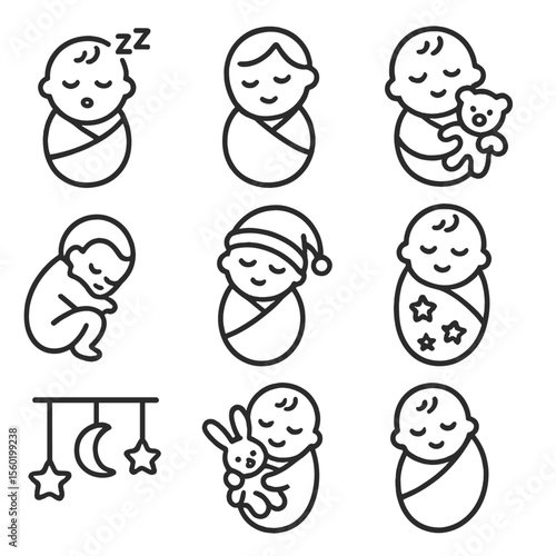 Sleepy Baby Icons. Outline style icons of Sleeping Swaddled Baby: baby with Zzz icon, closed eyes in wrap, head tilt on shoulder,