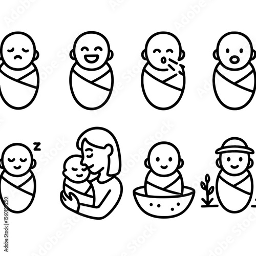 Baby Milestone Icons. Outline style icons of Baby Milestones in Swaddle: first night home, first smile wrapped, first sneeze in