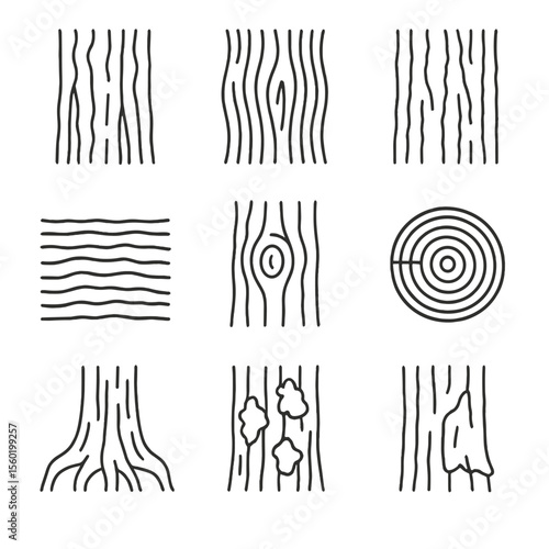 Swamp Tree Bark Textures. Outline style icons of Swamp Tree Bark and Texture: cypress bark grooves, willow bark texture, swamp gum