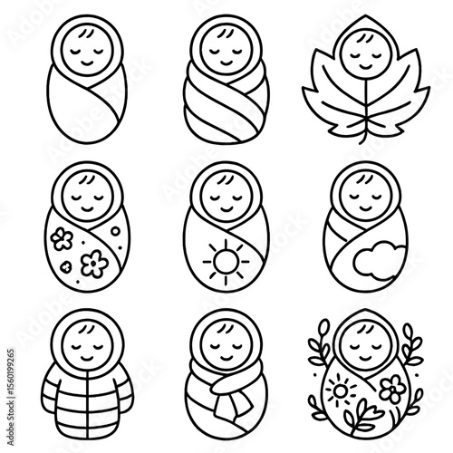 Seasonal Baby Swaddles. Outline style icons of Swaddled Baby in Seasons: summer baby in light wrap, winter baby in thick blanket,