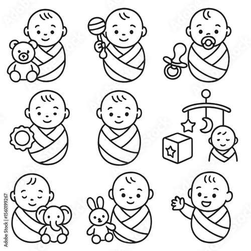Swaddled Baby Toys Icons. Outline style icons of Swaddled Baby with Toys: plush toy next to swaddle, baby holding rattle, pacifier