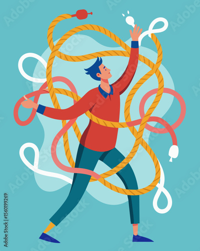 A person desperately trying to untangle themselves from a web of interconnected stress chains.. Vector illustration