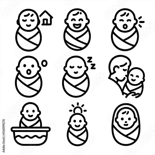 Baby Milestone Icons. Outline style icons of Baby Milestones in Swaddle: first night home, first smile wrapped, first sneeze in