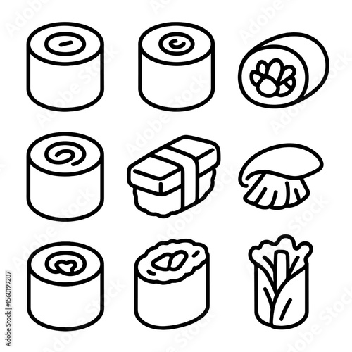 Vegetarian Sushi Icons. Outline style icons of Vegetarian Sushi Options: avocado roll, cucumber maki, veggie futomaki, pickled