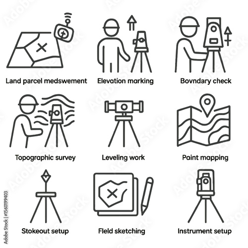Surveying Activities Icons. Outline style icons of Land Surveying Activities: land parcel measurement, elevation marking, boundary