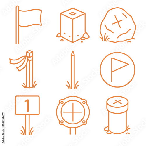 Survey Markers Icons. Outline style icons of Survey Markers and Flags: orange field flag, concrete boundary mark, painted rock