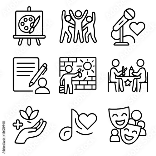 Supportive Art Icons. Outline style icons of Support Through Arts: painting therapy, expressive dance group, open mic with heart,