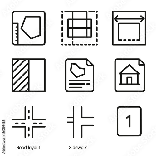 Site Planning Icons. Outline style icons of Site Planning with Surveying: plot map icon, planned building grid, setback line,