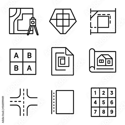 Site Planning Icons. Outline style icons of Site Planning with Surveying: plot map icon, planned building grid, setback line,