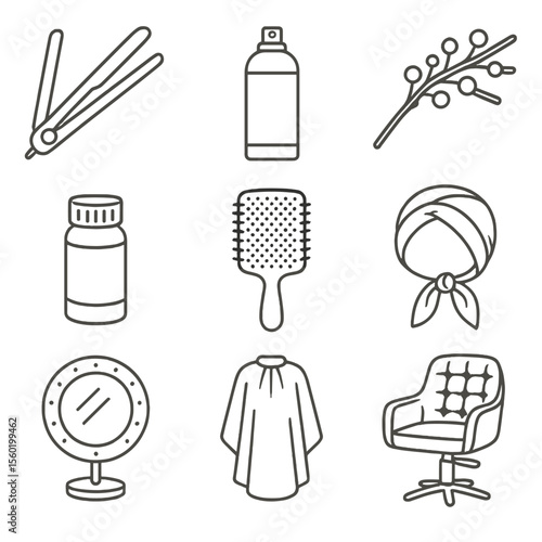 Luxury Hair Tools Icons. Line style icons of Luxury Glam Styling: titanium flat iron, high-gloss finishing spray, rhinestone