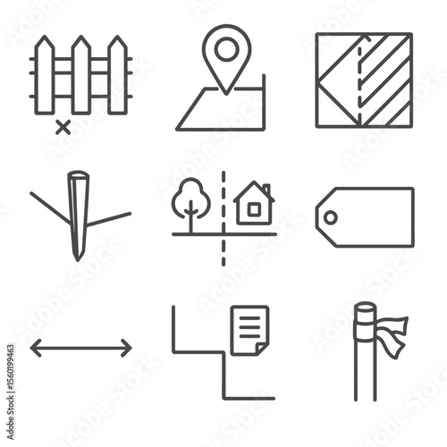 Boundary Surveying Icons. Outline style icons of Boundary Surveying: fence line mark, corner pin icon, disputed zone symbol,