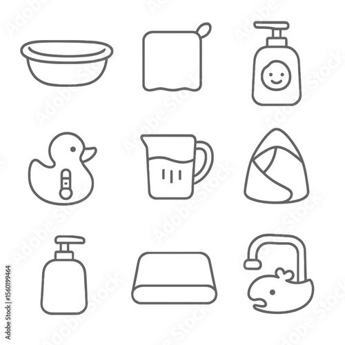 Gentle Bath Time Icons. Line style icons of Gentle Bath Time: infant bathtub, soft washcloth, tear-free shampoo, water thermometer