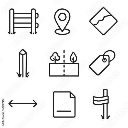 Boundary Surveying Icons. Outline style icons of Boundary Surveying: fence line mark, corner pin icon, disputed zone symbol,