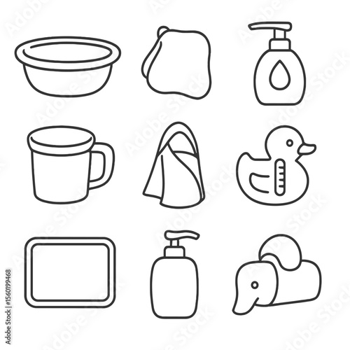 Gentle Bath Time Icons. Line style icons of Gentle Bath Time: infant bathtub, soft washcloth, tear-free shampoo, water thermometer