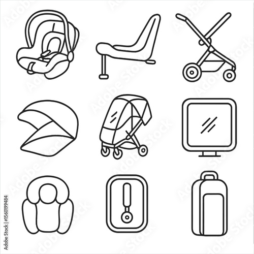 Travel System Icons. Line style icons of Travel System Gear: infant car seat, car seat base, adjustable stroller frame, canopy