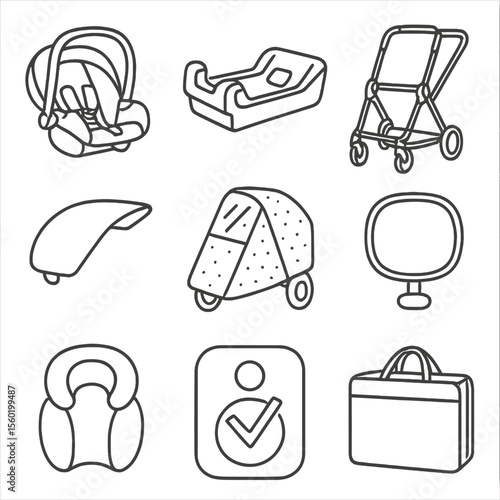Travel System Icons. Line style icons of Travel System Gear: infant car seat, car seat base, adjustable stroller frame, canopy