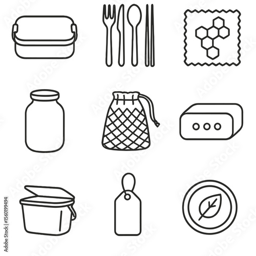 Zero-Waste Lifestyle Icons. Line style icons of Zero-Waste Lifestyle: stainless lunchbox, bamboo cutlery set, beeswax wrap, refill