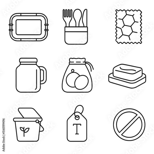 Zero-Waste Lifestyle Icons. Line style icons of Zero-Waste Lifestyle: stainless lunchbox, bamboo cutlery set, beeswax wrap, refill
